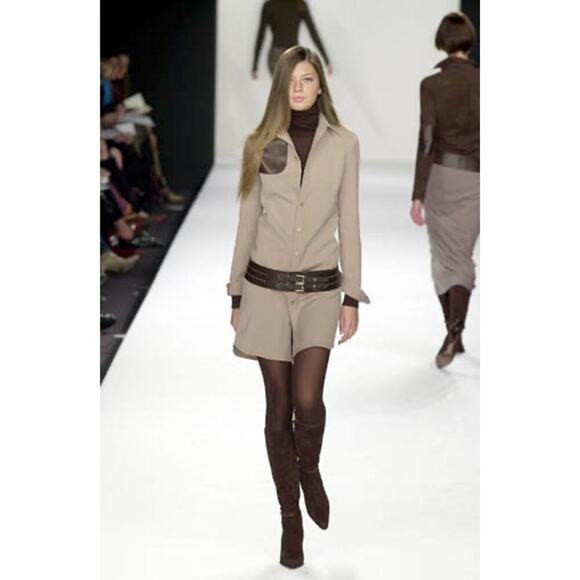 Vintage Ralph Lauren Collection Runway Button Up Midi Shirt Dress Patch Leather - Picture 3 of 16